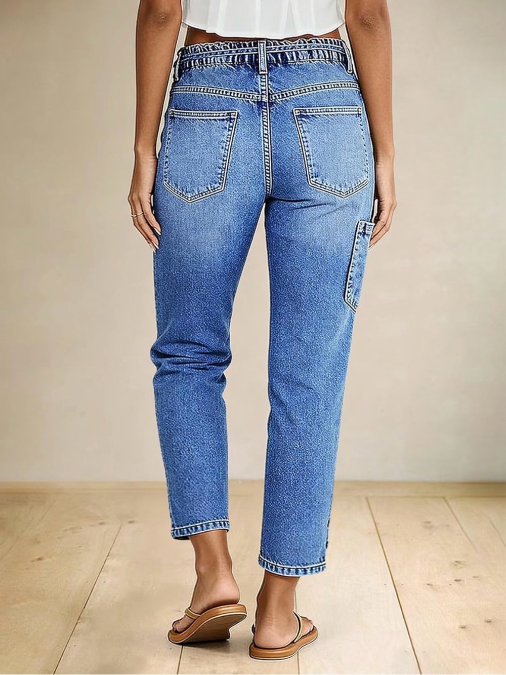 Flamingals Straight Leg Cropped Jeans Mid Rise Button Hem Belted Stretchy Baggy - Picture 4 of 7